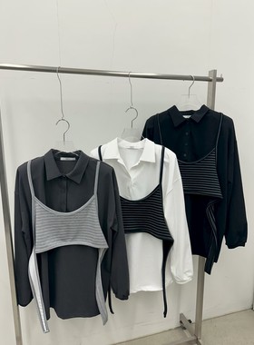 韩国东大门2026春新品hertz时尚百搭翻领长袖吊带假二件衬衫女