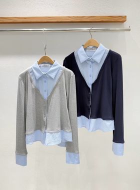 韩国东大门2026春新品INTRO时尚百搭拼接圆领长袖衬衫