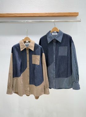 韩国东大门2026春新品INTRO时尚拼色条纹翻领长袖衬衫女