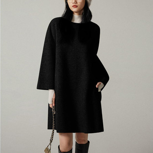 双面100%绵羊毛套头通勤宽松慵懒风9分袖 秋冬大衣外套直筒连衣裙