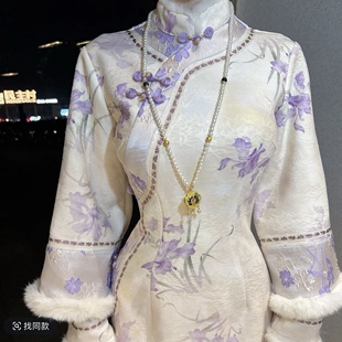 自制厚款针织水貂秋冬旗袍 清宫鸢尾紫花