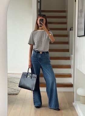 DM复古vintage洗水天丝棉赛络纺高腰精裁阔腿裤及地牛仔裤