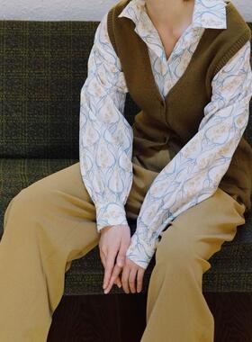 小众复活单～复古vintage蓝风铃印花真丝棉大方翻领泡泡长袖衬衫