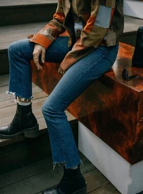 原厂金标和红标斜裁不规则毛边裤脚微喇九分牛仔裤