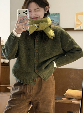 PF复古苔绿色圣诞季新年季针织衫羊毛混纺开衫