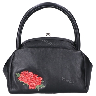 新品 山本耀司 Ys Yohji黑色牡丹刺绣口金包牛皮手提包