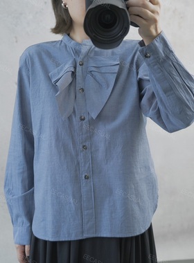 国内现货  MARGARET HOWELL 灰蓝色荷叶领长袖衬衫