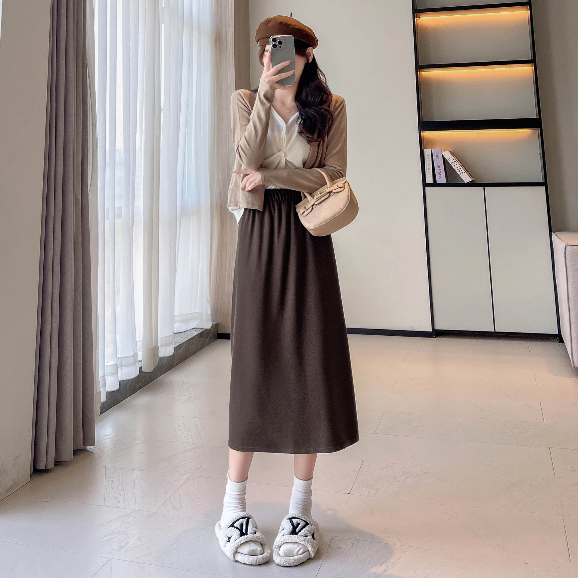 螺纹半身裙女新款秋冬款高腰修身针织中长款长裙开叉a字包臀裙