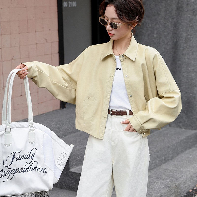 今年流行爆款皮衣外套女短款2025春秋新款宽松休闲翻领蛋白皮夹克