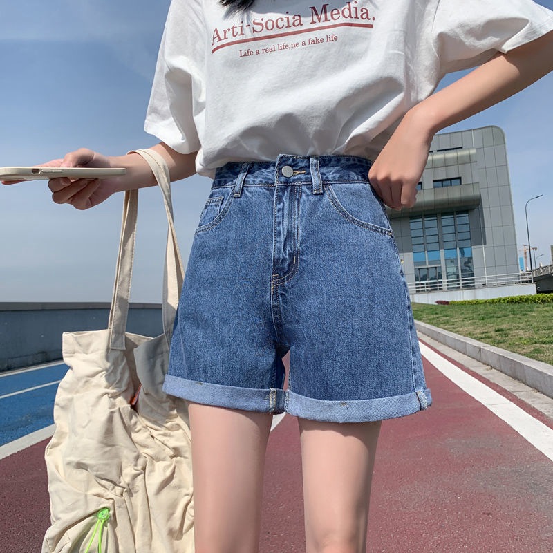 薄款牛仔短裤女款夏季新款ins风韩版宽松显瘦休闲a字卷边学生裤子