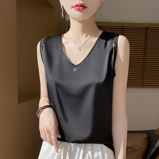 黑色高级感爆款t恤女款2025夏季新款v领无袖背心短款宽松上衣吊带