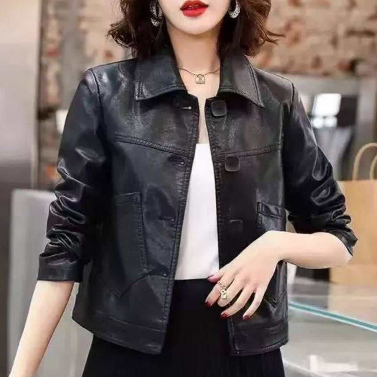 巨好看的外套女式2026年秋季时尚休闲短款纽扣皮衣女款pu水洗夹克