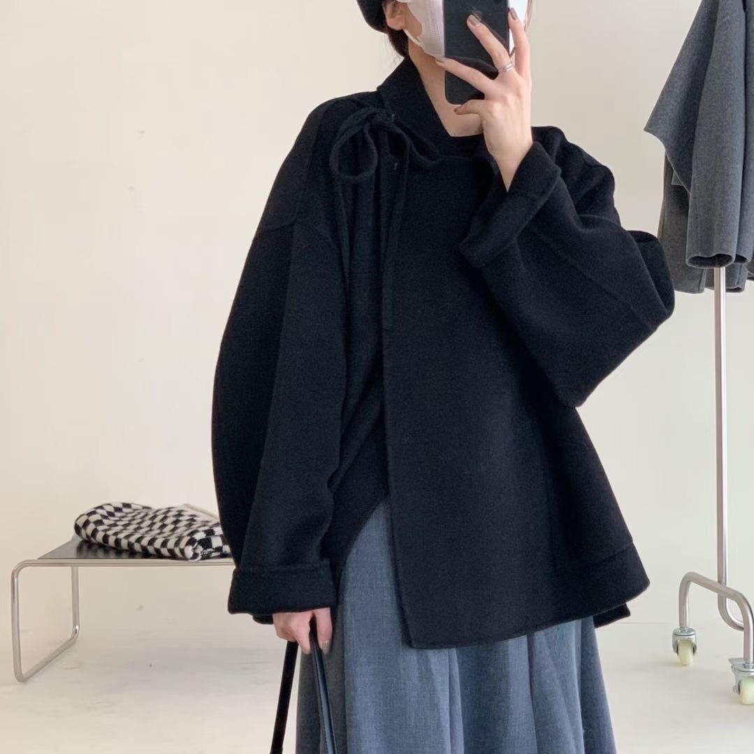 2026秋冬新黑色新短款双面羊绒大衣小个子蝴蝶结宽松毛呢外套女款