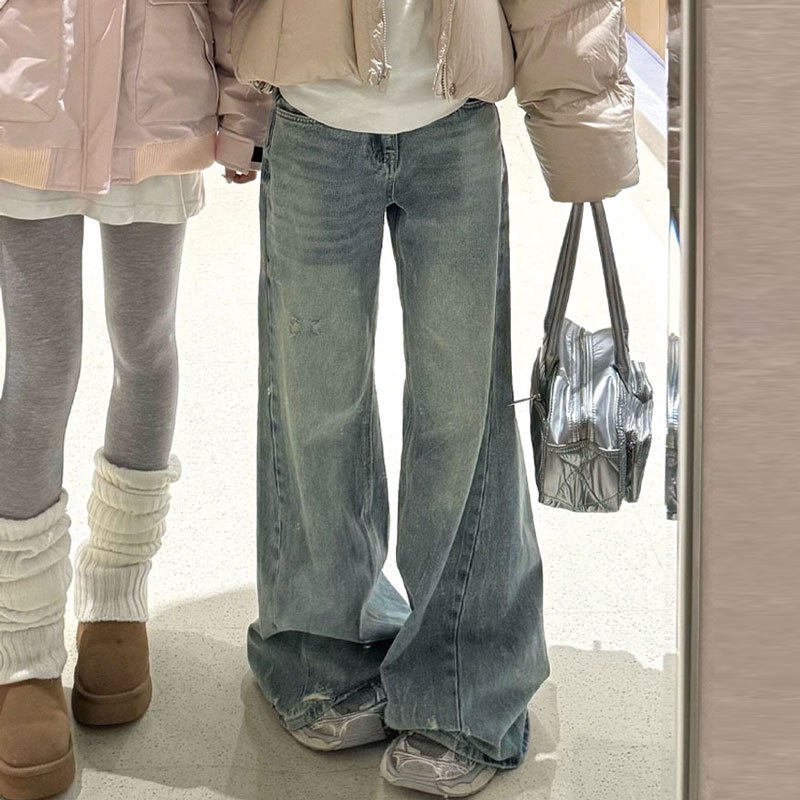 版型超好看的微喇牛仔阔腿长裤女款春秋大码高腰胖mm直筒拖地裤子