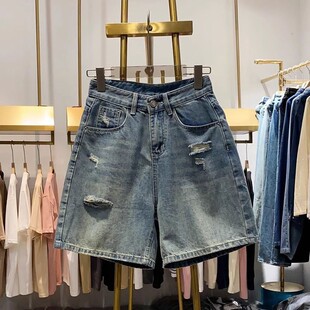 大码破洞牛仔短裤女款夏季新款胖mm高腰a字梨形身材直筒阔腿裤子