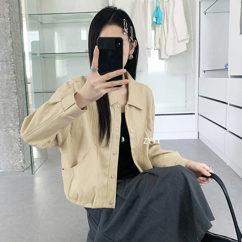 漂亮外套女款2026夏季新款韩版短款皮衣女修身翻领薄款蛋白皮夹克