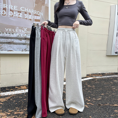 加绒运动裤子女款秋冬季2025新款加厚高腰垂感宽松阔腿小个子卫裤
