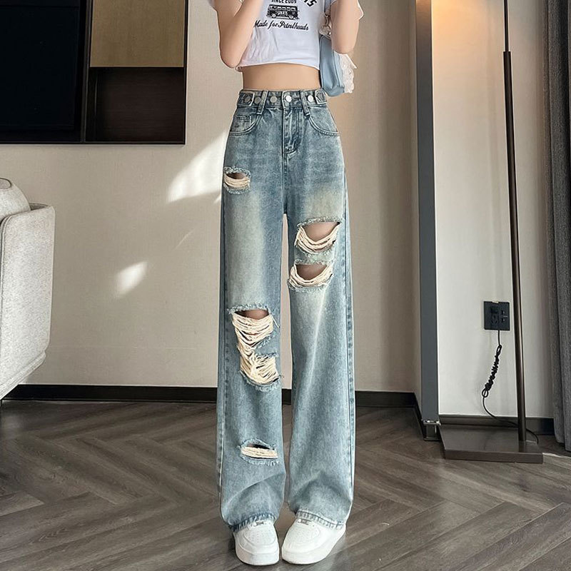 阔腿牛仔裤女2025夏季新款乞丐设计破洞高腰休闲垂感直筒拖地裤子