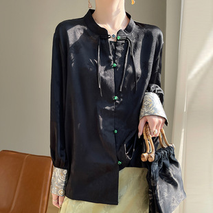 黑色新中式高级感衬衫女款2025秋季新款刺绣圆领长袖暗花大码衬衣