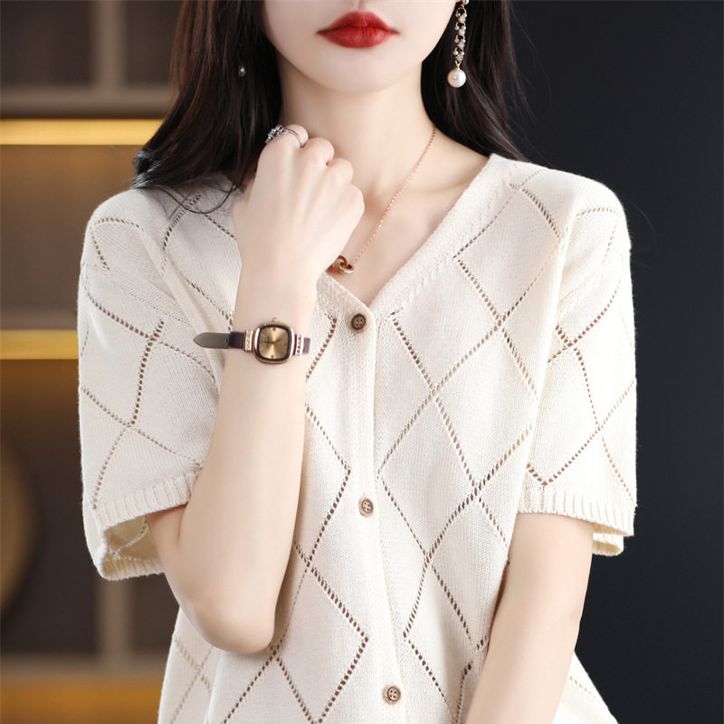 纯棉吸汗针织衫女款2026夏季新款镂空开衫v领显示短款气质上衣t恤