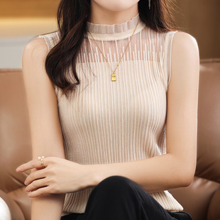 高级感薄款轻奢打底衫女款2026夏季新款立领网纱无袖内搭短款上衣