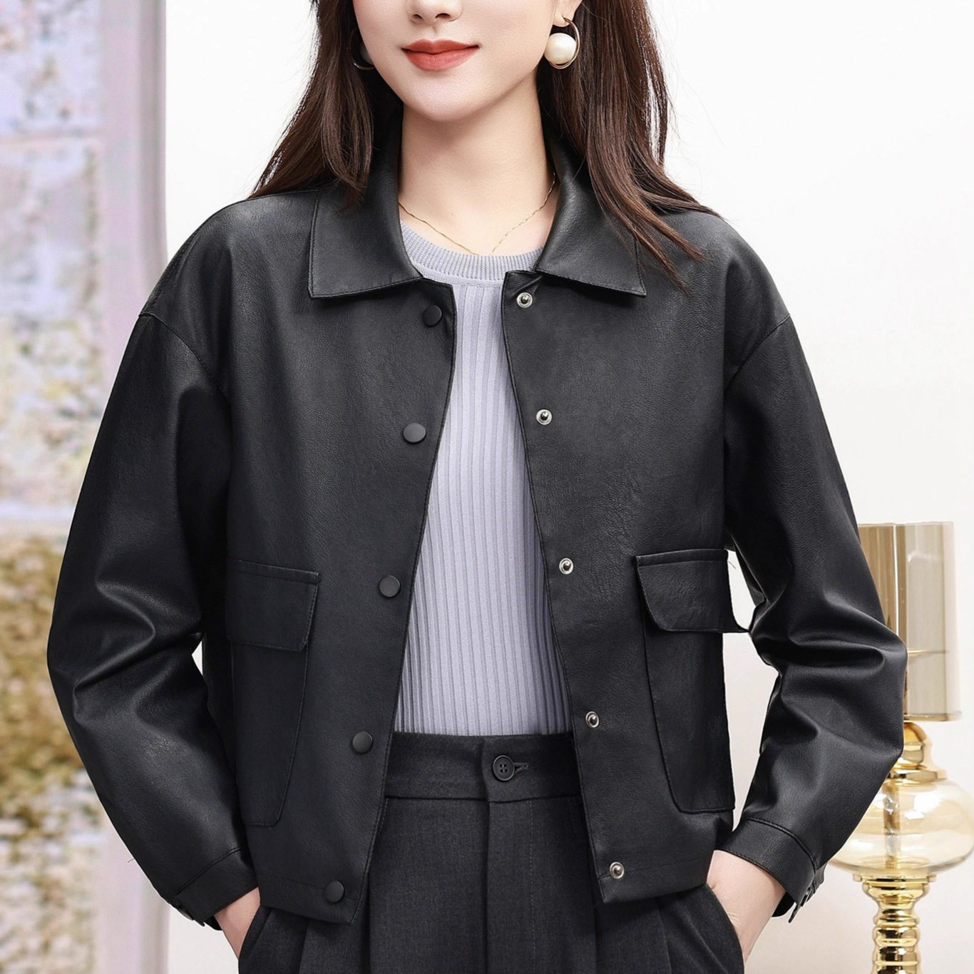 2026秋季新款绝美巨好看外套女款时尚休闲短款纽扣皮衣水洗皮夹克