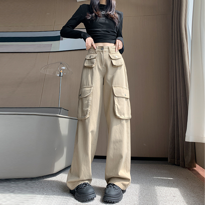 美式薄款工装裤女裤夏季2025新款小个子休闲高腰直筒牛仔阔腿裤子
