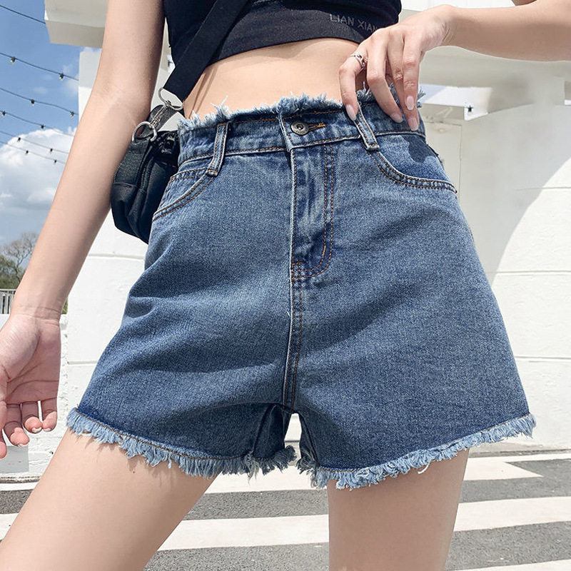 夏季薄款chic宽松牛仔短裤女高腰显瘦复古外穿阔腿网红毛边热裤子