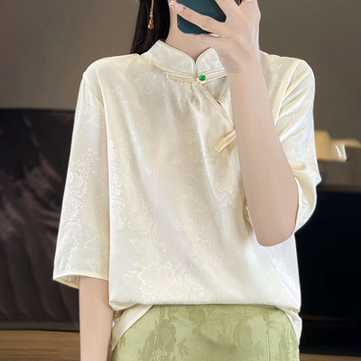 白色高级感t恤女款2025夏季立领短款气质暗花五分袖百搭短袖上衣