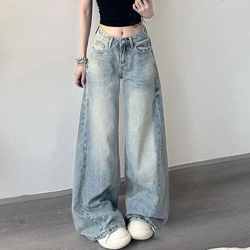 蓝色新款设计微喇阔腿牛仔裤女夏季磨破直筒长裤胖mm百搭大码裤子