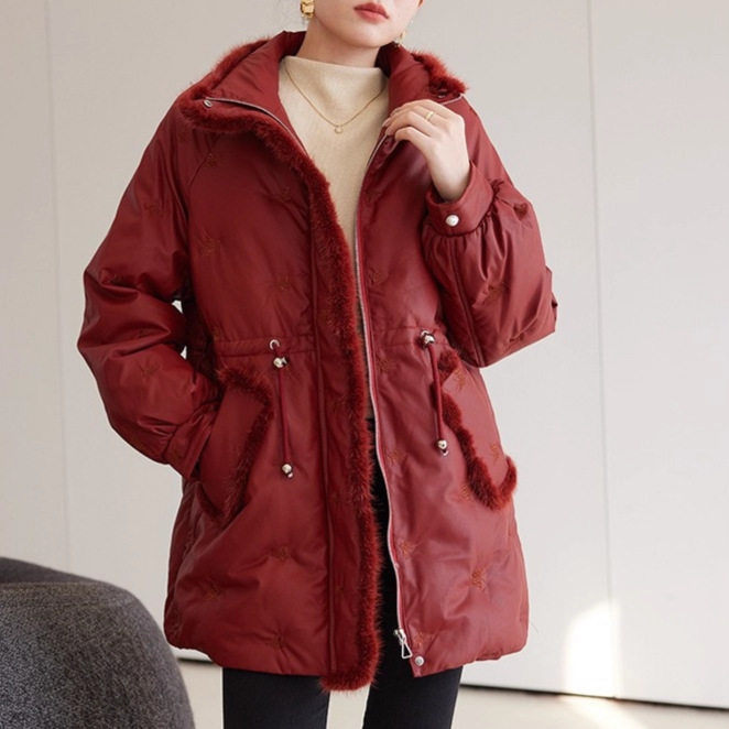 2025冬季新款加厚保暖中长款收腰显瘦白鸭绒羽绒服皮衣外套女款