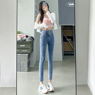 黑色小个子修身高腰牛仔裤女款2025秋冬新款弹力紧身大码长裤裤子