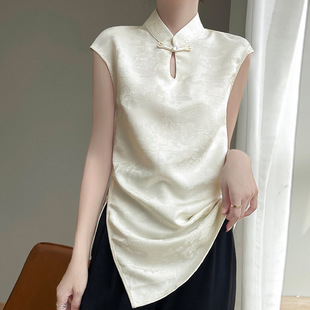 白色立领气质女士打底衫女款2026夏季新款国风不规则薄款减龄上衣
