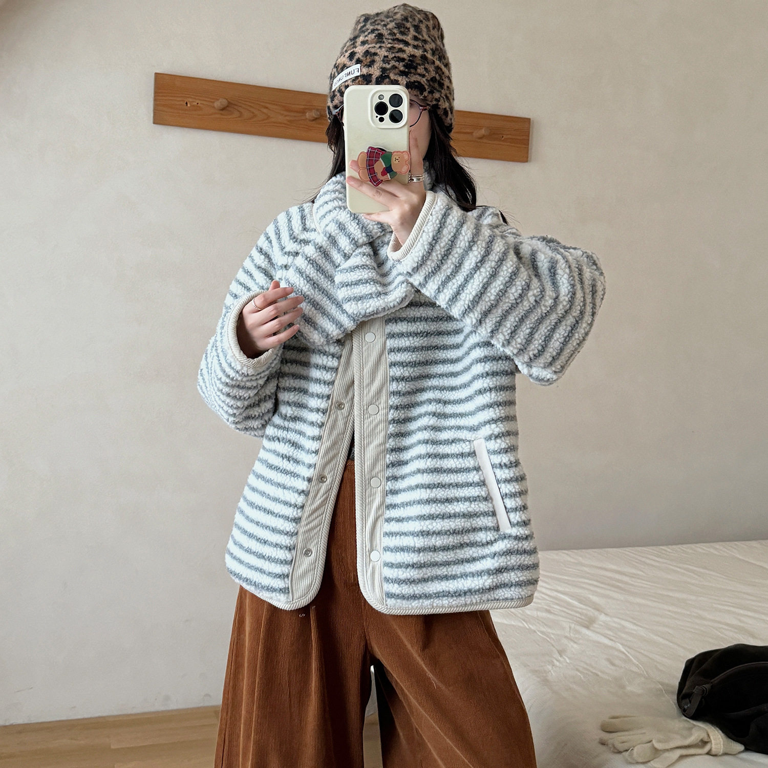 巨好看的双面穿条纹羊羔毛棉服外套女2025深冬保暖宽松摇粒绒棉衣
