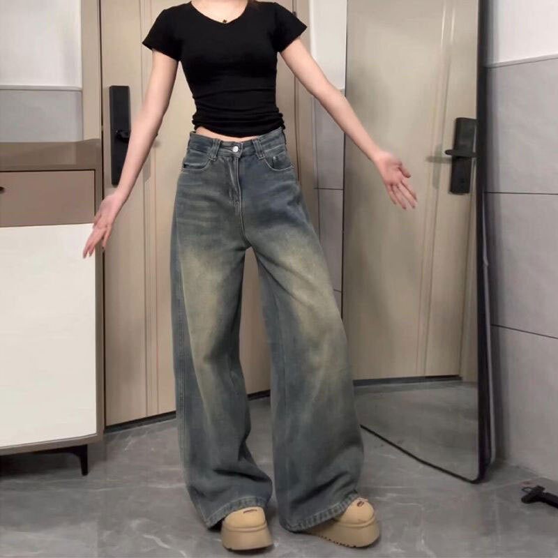 蓝色巨好看的牛仔裤女款春秋季大码梨形身材胖mm显瘦高腰阔腿裤子