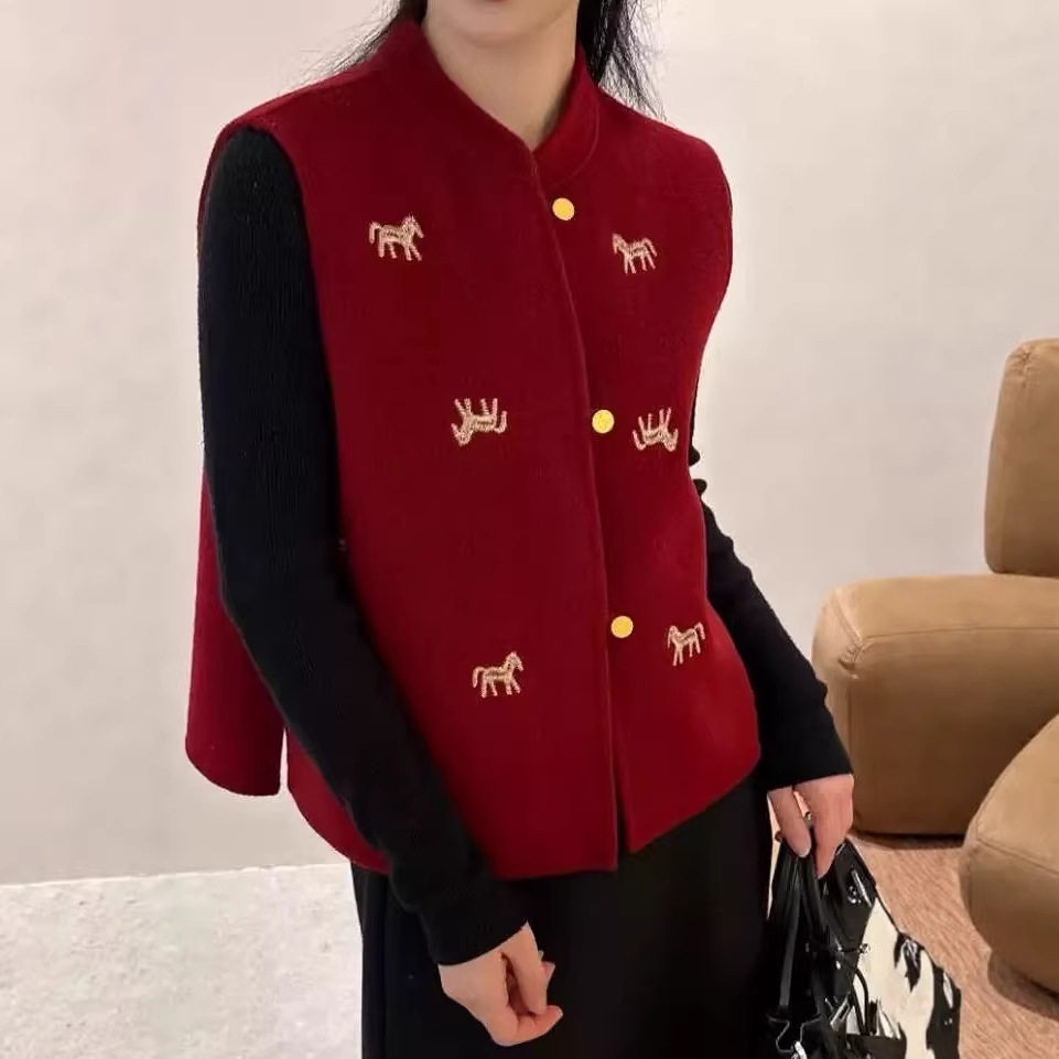 红色国风双面呢马甲夹短款女款2026秋冬季新款羊毛呢外套羊绒背心