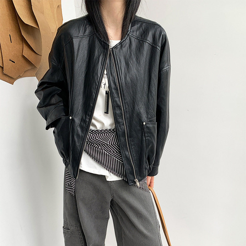 韩版短款皮衣外套女款2026秋季圆领休闲宽松简约百搭免洗pu皮夹克