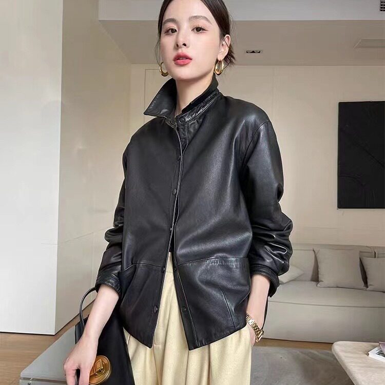 2026新款漂亮皮衣女款方领绵羊皮秋季宽松皮夹克休闲百搭真皮外套