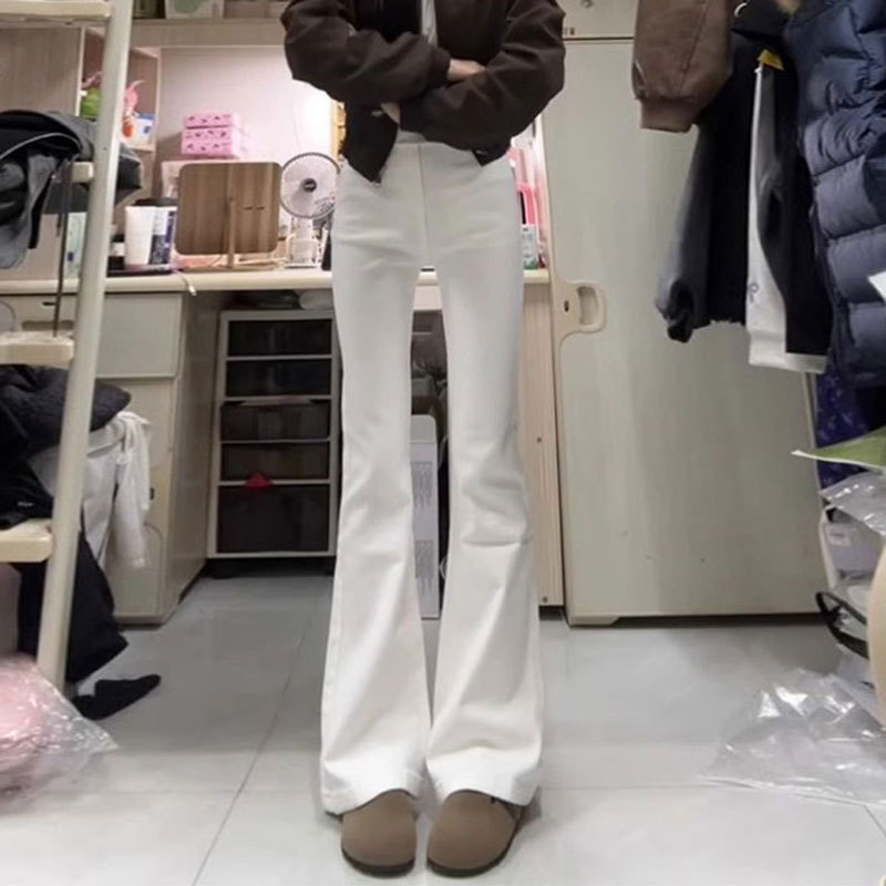 牛仔裤女胖mm喇叭马蹄长裤白色高腰弹力修身大码梨形直筒微喇裤子