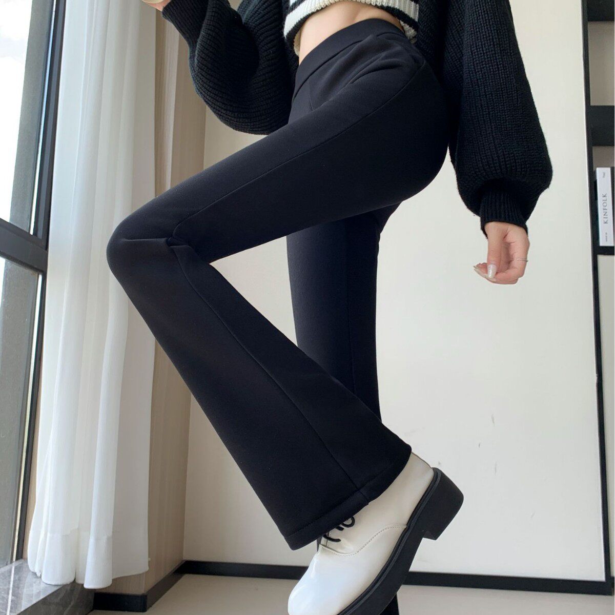 松紧腰高弹力微喇叭裤女款2025秋冬新款高休闲加绒显瘦阔腿裤子