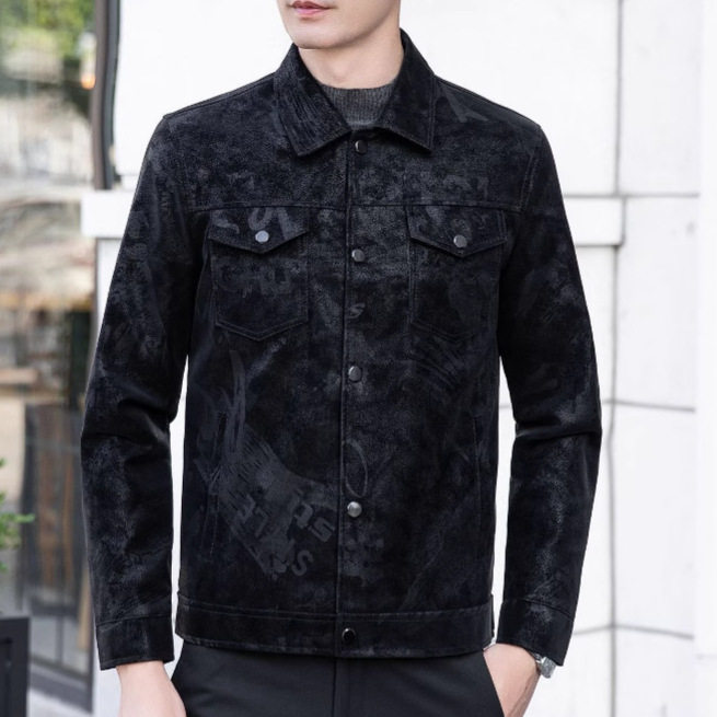 2026春装新款麂皮压花翻领PU短款夹克皮衣男装时尚休闲外套男款