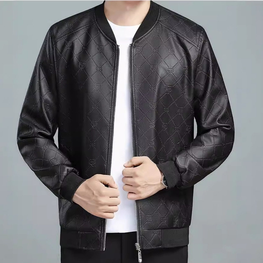 2025春秋季新款棒球领夹克男款大码休闲虎头花纹潮流皮衣外套短款