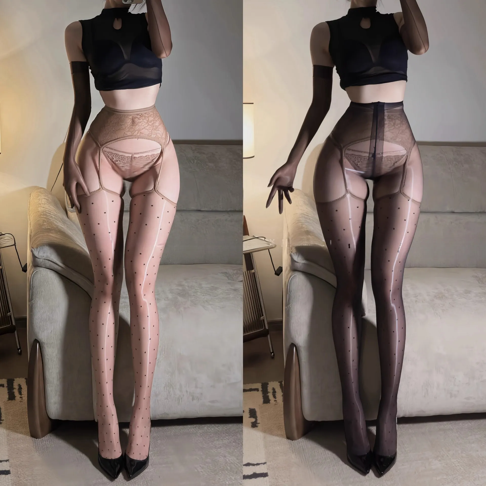 3d极光一体油亮性感吊带袜波点薄款开档免脱辣妹长筒袜女