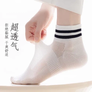 吸汗无骨条纹袜女士女生春秋袜子短袜网眼运动袜透气薄款 夏季 白色