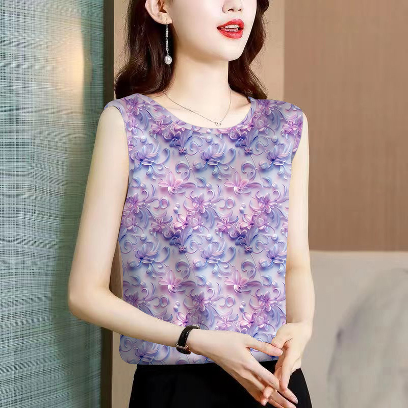 新款薄款夏季冰丝背心气质减龄上衣女装妈妈装显瘦遮肚碎花无袖女