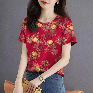 夏天薄款冰丝短袖圆领休闲碎花女士上衣宽松显瘦妈妈时尚外穿T恤