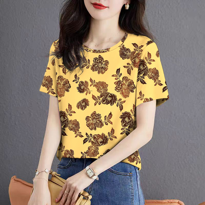 时尚夏季气质小衫百搭短袖显瘦T恤印花薄款上衣女装透气遮肚修身