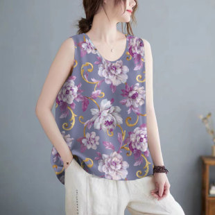 显瘦外穿流行百搭上衣宽松印花洋气透气大码 小衫 套头背心女装 夏季