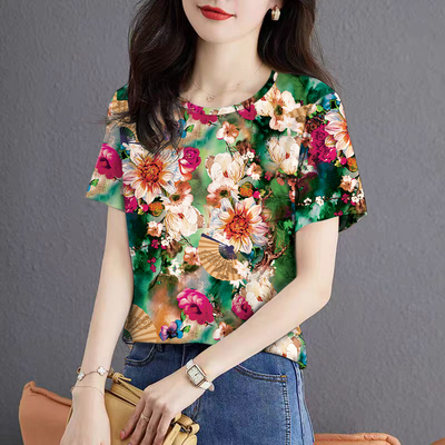 夏季气质小衫百搭短袖显瘦T恤复古印花薄款冰丝上衣女装洋气外穿