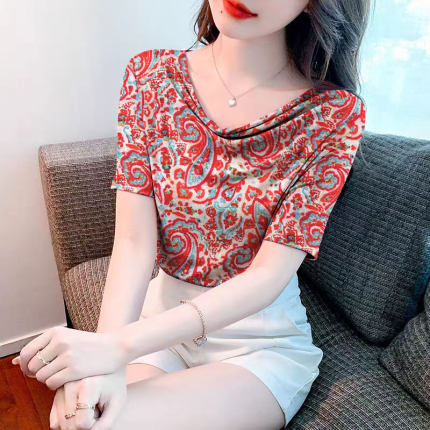 夏季女装时尚堆堆领短袖上衣碎花气质洋气爆款套头透气减龄显瘦女